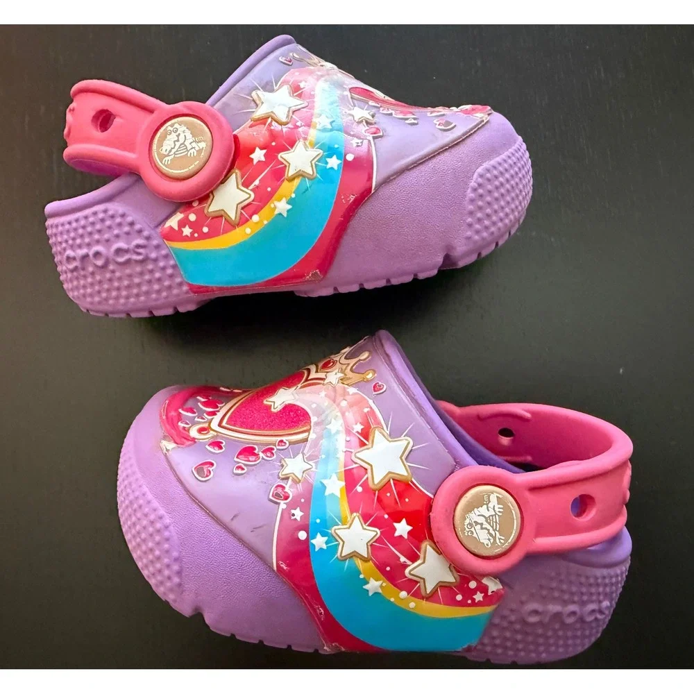 CROCS Kids Fun Lab Lights Slip-On Clog Size C5 Purple Twinkling Stars LIGHT UP